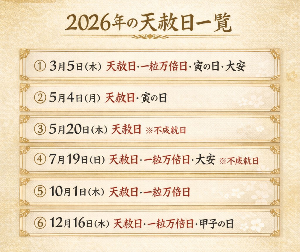 2026年(令和8年)天赦日一覧