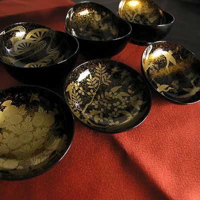 山中塗 お椀 吸物椀 本金 組合わ 骨董 手描 時代蒔絵 5脚