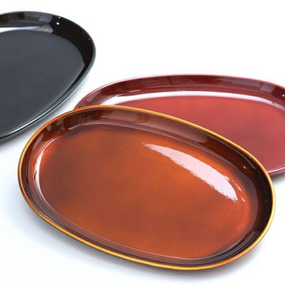 宮内庁御用達 漆器 漆器 山田平安堂 菊皿 21cm 未使用品 箱あり 7寸6枚 宮内庁御用達 漆器 山田平安堂】菊小判皿 古代朱 | 漆器 山田